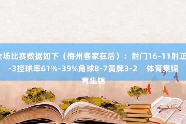 全场比赛数据如下（梅州客家在后）：射门16-11射正8-3控球率61%-39%角球8-7黄牌3-2    体育集锦